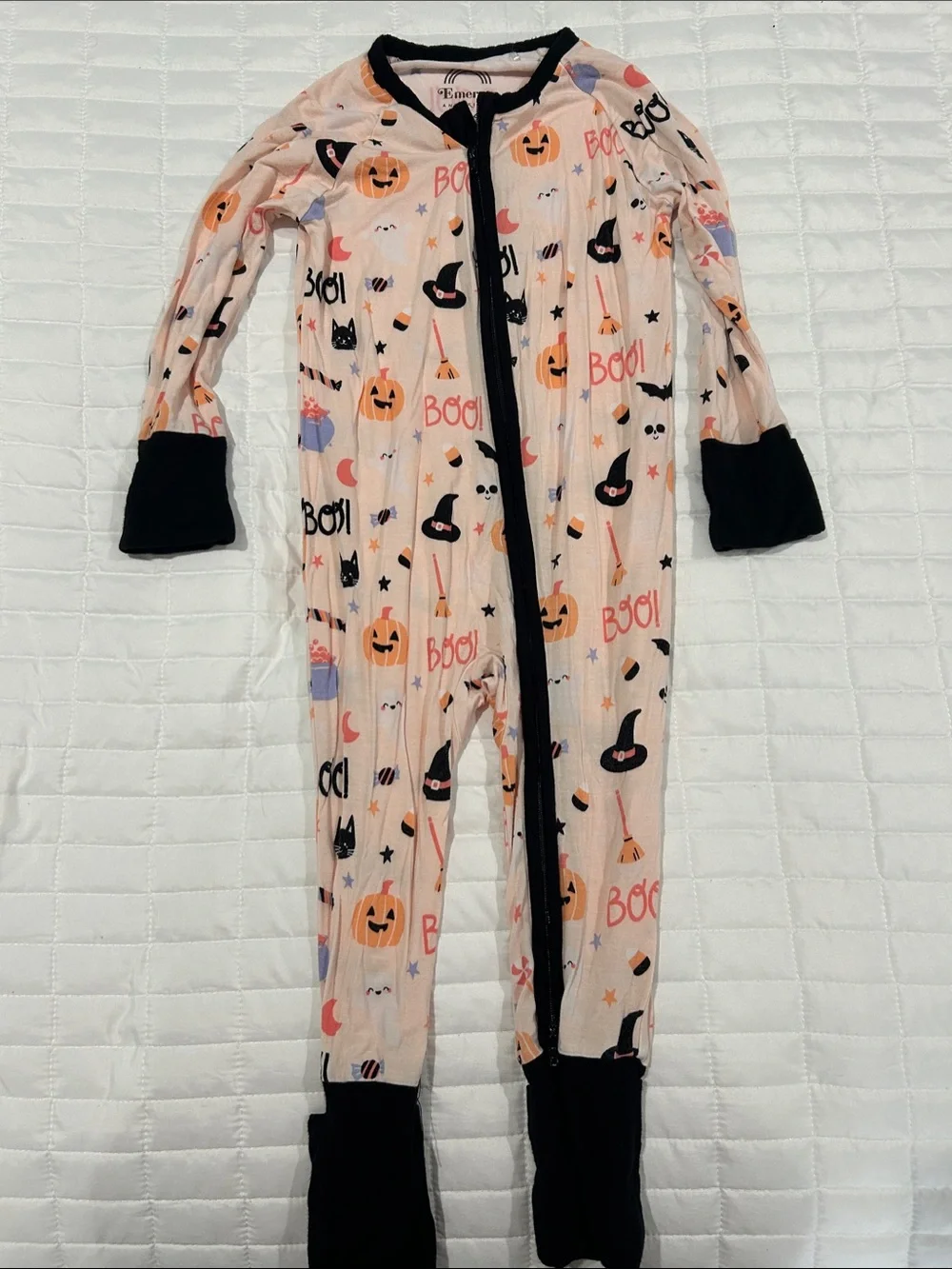 Halloween Print Pink Footed One-Piece Pajamas with Black Trim